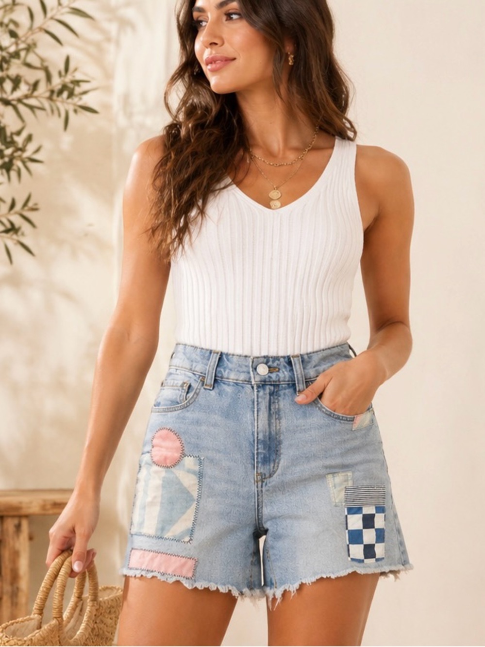 Pilcro Anthropologie Patchwork Denim Shorts High Rise Light Wash Size 26 Boho